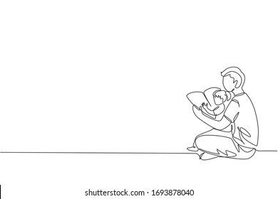 One continuous line drawing of young dad sitting on floor and reading story book to his daughter at home. Happy family parenthood concept. Dynamic single line graphic draw design vector illustration