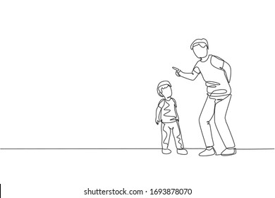 One continuous line drawing of young father giving talk some good advice to his son at home. Communication concept. Happy family parenthood. Dynamic single line draw graphic design vector illustration