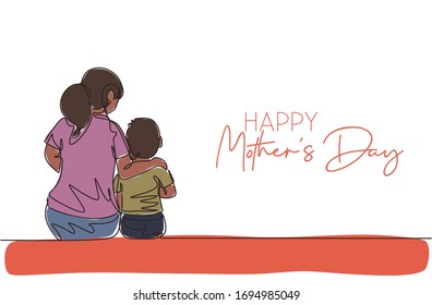 One continuous line drawing of young mother siting with his son telling good story. Happy mother's day concept. Greeting card with typography. Dynamic single line draw design vector illustration