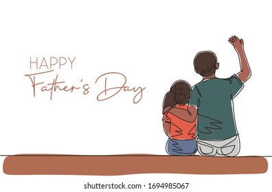 One continuous line drawing of young father siting next to daughter and talking funny story. Happy father's day concept. Greeting card with typography. Single line draw design vector illustration