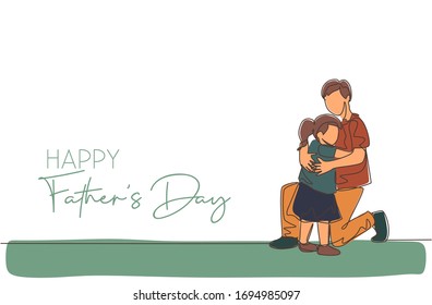 One continuous line drawing young dad hugging his daughter before go to school  Happy father's day concept  Greeting card and typography  Dynamic single line draw design vector illustration