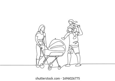 One continuous line drawing of young mother pushing baby stroller at park while father carrying his son on shoulder. Happy family parenting concept. Dynamic single line draw design vector illustration