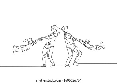 One continuous line drawing of young mom and dad play together with daughter and son swinging into the air at home. Happy family parenting concept. Dynamic single line draw design vector illustration