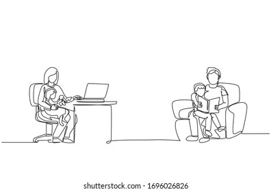 One continuous line drawing of young dad reading book to son and mother typing on laptop at home. Happy family parenting concept. Dynamic single line draw design vector illustration