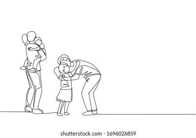 One continuous line drawing of young father hugging his daughter before go to the office while mother carrying son at home. Happy family parenting concept. Single line draw design vector illustration