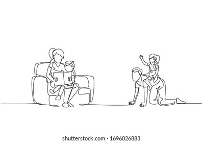 One continuous line drawing of young play with daughter while mother sitting on sofa and reading book to son. Happy family parenting concept. Dynamic single line draw design vector illustration