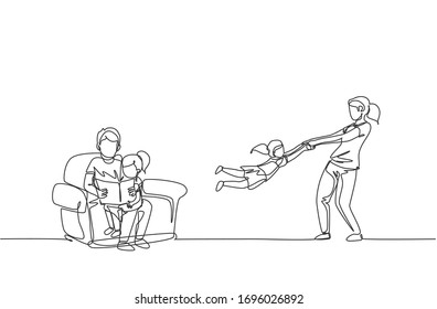 One continuous line drawing of young mom playing with daughter while dad sitting on sofa and reading book. Happy family parenting concept. Dynamic single line draw design vector illustration