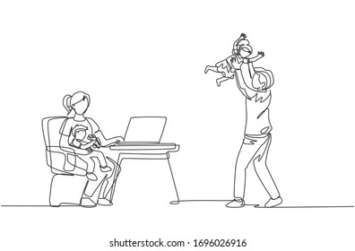 One continuous line drawing of young mother work typing on laptop and father playing with daughter at home. Happy family parenting concept. Dynamic single line draw design vector illustration