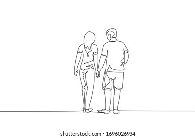 One continuous line drawing of young couple wife and husband walking and holding hand together, back view. Happy family parenting concept. Dynamic single line draw design vector illustration