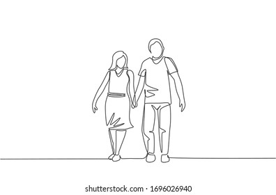 One continuous line drawing of young couple wife and husband walking and holding hand together at park. Happy family parenting concept. Dynamic single line draw design vector illustration