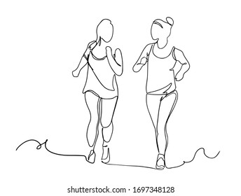 One continuous line drawing of young sporty runner women jogging. Healthy lifestyle and fun jogging sport concept. Dynamic single line draw design vector illustration. friends jogging together.