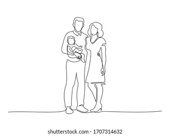 One continuous line drawing of young happy mom and dad holding their baby together full of warmth. Happy family concept. Vector illustration