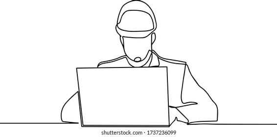 One continuous line drawing of young foreman manager sitting at a computer.Building architecture business concept. Single line draw design illustration.Workman using laptop