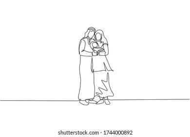 One continuous line drawing of young Islamic dad and mom standing and hugging their sleepy baby. Arabian Muslim happy family parenting concept. Dynamic single line draw design vector illustration