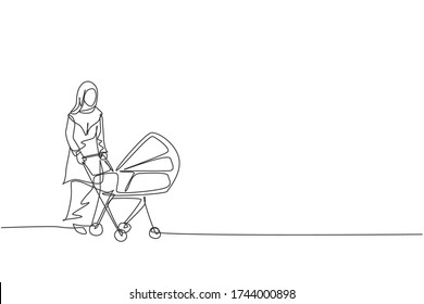 One continuous line drawing of young Arabian mother pushing baby trolley at outdoor park. Islamic Muslim happy loving family parenting concept. Dynamic single line draw design vector illustration