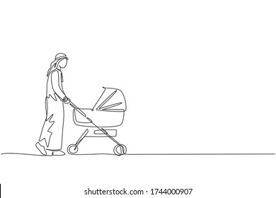 One continuous line drawing of young Arabian dad walking and pushing baby trolley at mall. Islamic Muslim happy family parenting concept. Dynamic single line draw design vector illustration