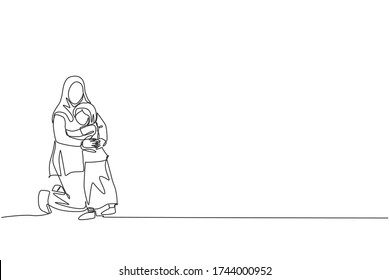 One continuous line drawing of young Islamic mother hugging daughter girl full of love and warmth. Arabian muslim happy family parenting concept. Dynamic single line draw design vector illustration