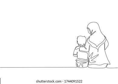 One continuous line drawing of young Arabian mother talking and encouraging her boy to reach the goal. Islamic muslim happy loving parenting family concept. Single line draw design vector illustration