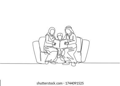 One continuous line drawing of young Arabian couple read a book to their son boy together. Islamic muslim happy loving parenting family concept. Dynamic single line draw design vector illustration