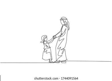 One continuous line drawing of young Islamic dad playing and dancing together with his daughter girl. Arabian muslim happy loving parenting family concept. Single line draw design vector illustration