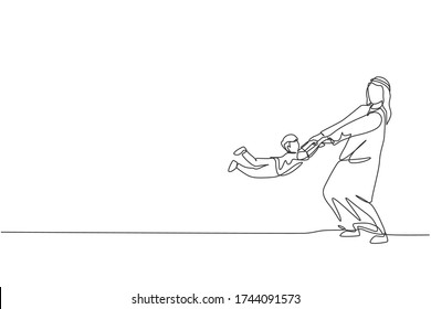 One continuous line drawing young Islamic father hold his son's hand   swinging him up  Arabian muslim happy loving parenting family concept  Dynamic single line draw design vector illustration