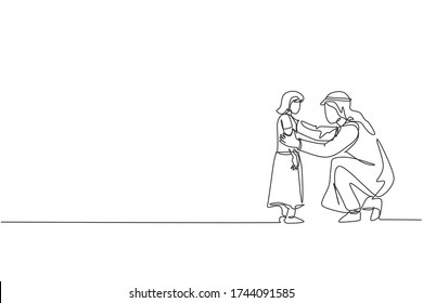 One continuous line drawing of young Arabian dad give talk and wise advise to his daughter. Islamic muslim happy loving parenting family concept. Dynamic single line draw design vector illustration