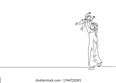 One continuous line drawing of young Islamic father playing and lifting his son up into the air. Happy Arabian loving parenting family concept. Dynamic single line draw design vector illustration