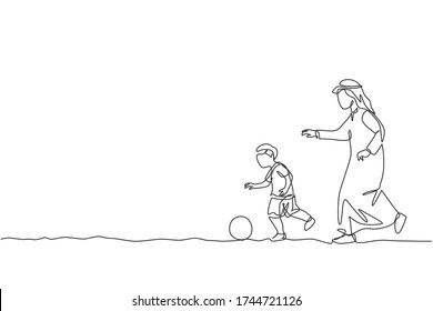 One continuous line drawing of young Arabian father and his son running and playing football. Happy Islamic muslim loving parenting family concept. Dynamic single line draw design vector illustration