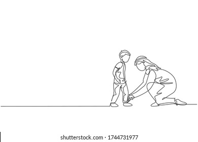 One continuous line drawing young Arabian dad help his son to tie shoelaces before go to school  Happy Islamic muslim loving parenting family concept  Single line draw design vector illustration