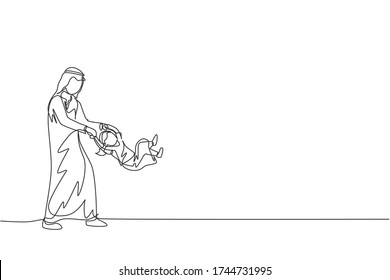 One continuous line drawing of young Arabian father play ang swing her daughter girl at home. Happy Islamic muslim loving parenting family concept. Dynamic single line draw design vector illustration