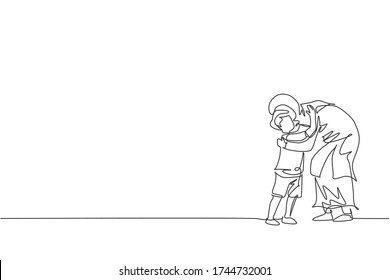 One continuous line drawing of young Islamic mother hug her son before go to school. Happy Arabian muslim loving parenting family concept. Dynamic single line draw design vector illustration