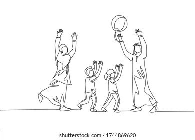 One continuous line drawing of young Arabian couple playing throwing ball together with daughter and son. Happy Islamic muslim parenting family concept. Single line draw design vector illustration