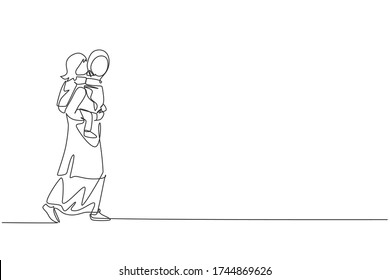 One continuous line drawing of young Arabian mom carrying daughter on her back at park, piggyback. Happy Islamic muslim parenting family concept. Dynamic single line draw design vector illustration