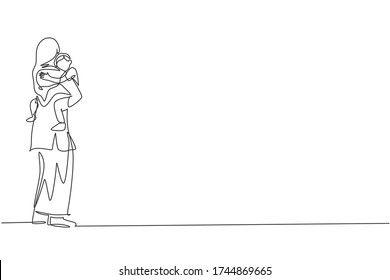 One continuous line drawing of young Islamic mother hugging and carrying her sleepy boy to bedroom. Happy Arabian muslim parenting family concept. Dynamic single line draw design vector illustration