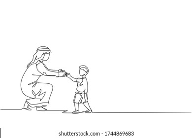 One continuous line drawing of young Arabian boy holding his father's hand to learn how to walk. Happy Islamic muslim parenting family concept. Dynamic single line draw design vector illustration