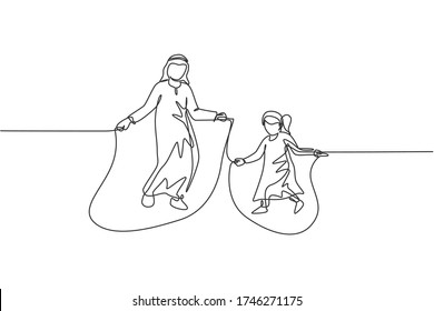 One continuous line drawing of young Islamic dad and daughter play jumping rope and skipping at park. Happy Arabian muslim parenting family concept. Dynamic single line draw design vector illustration