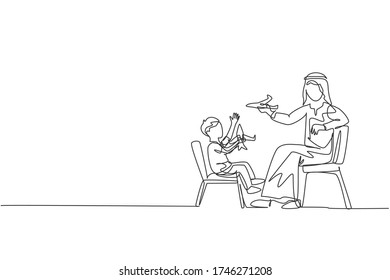 One continuous line drawing of young Arabian father playing aeroplane toy figure with son at home. Happy Islamic muslim parenting family concept. Dynamic single line draw design vector illustration