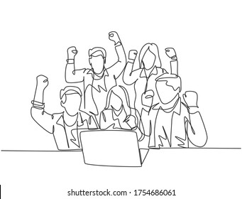 One Continuous Line Drawing Of Young Happy Business Man And Business Woman Sitting In Front Of Laptop And Celebrating Their Success. Team Work Goal Concept Single Line Draw Design Vector Illustration