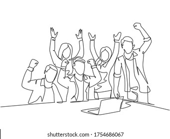 One continuous line drawing of young happy business man and business woman celebrating their success achieve the business target. Team work goal concept single line draw design vector illustration