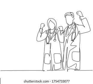 One Continuous Line Drawing Of Young Happy Male Doctor Hugging Female Doctor To Celebrate Their Successive Work. Medical Health Care Service Concept Single Line Draw Design Graphic Vector Illustration