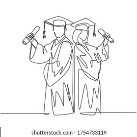 One continuous line drawing of young happy couple graduate college student hold paper and celebrate their graduation from university. Education concept. Single line draw design vector illustration