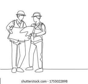 One continuous line drawing of young architect explaining building design blueprint to contractor. Construction business planning concept. Modern single line draw graphic design vector illustration