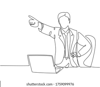 One continuous line drawing of young furious male manager pointed in his finger and drive away his sacked staff out of the room. Job dismissal concept single line draw design vector illustration