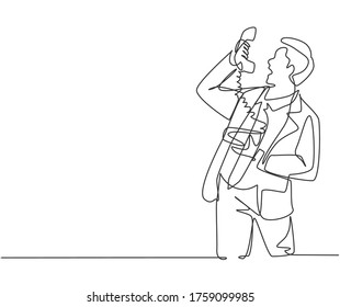 One continuous line drawing of young angry businessman shouting his staff on phone to give him a lesson. Furious business problem concept. Trendy single line draw graphic design vector illustration