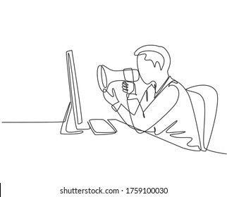 One continuous line drawing of young furious male manager screaming loud on monitor computer using megaphone. Work discipline at the office concept single line draw graphic design vector illustration