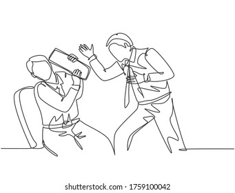 One continuous line drawing of young rage manager screaming on the face of his staff after the staff made fatal mistakes. Work problem concept single line graphic draw design vector illustration