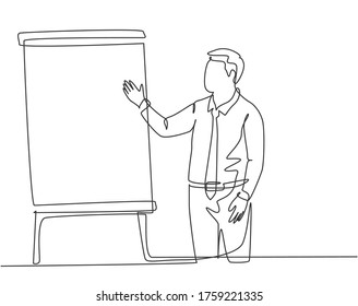 One continuous line drawing of young presenter delivering increasing product sales report to finance manager. Business presentation at the office concept single line draw design vector illustration