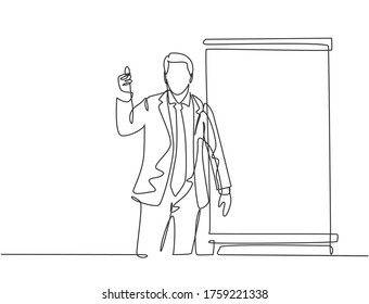 One continuous line drawing of young presenter giving thumbs up gesture to the audience while meeting. Business presentation at the office concept single line draw design vector illustration