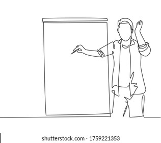 One continuous line drawing of young presenter pointing finger on audience who want to ask while doing presentation. Workshop presentation concept single line draw design graphic vector illustration