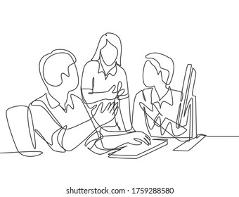 One continuous line drawing of young businessmen discussing new product launch during team meeting. Business innovation discussion concept. Modern single line draw design graphic vector illustration